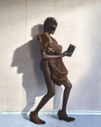 Model Achol Kuir wearing brown fur wrap and dark sunglasses against patterned wallpaper for Love Magazine issue 27