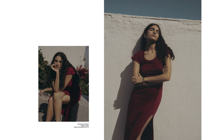 A woman in a maroon dress stands against a white wall in sunlight, while another image shows her seated, both exuding a relaxed editorial vibe.