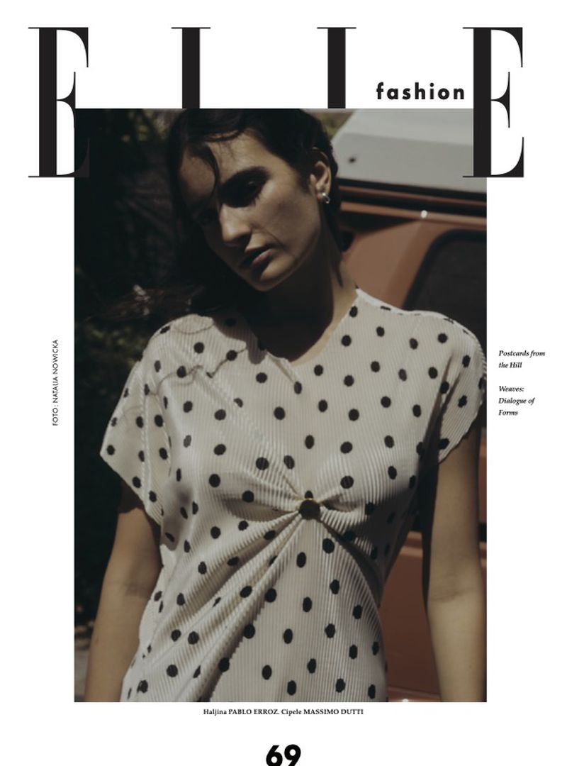 Fashion magazine cover featuring a woman in a polka dot top looking off-camera with the magazine's title in bold text at the top.