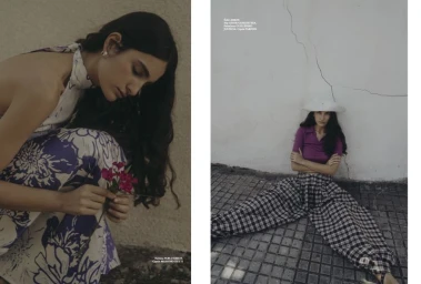Two-panel fashion editorial layout featuring a female model holding flowers and seated against a wall wearing patterned trousers
