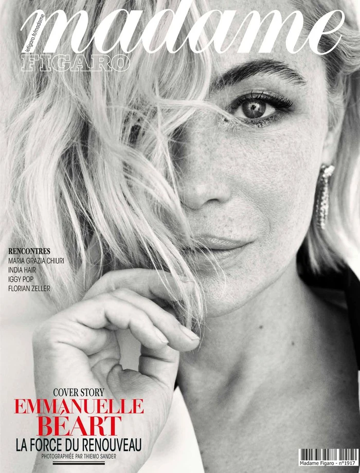 Close-up black and white portrait of Emmanuelle Beart for Madame Figaro magazine cover with blonde hair and freckles.