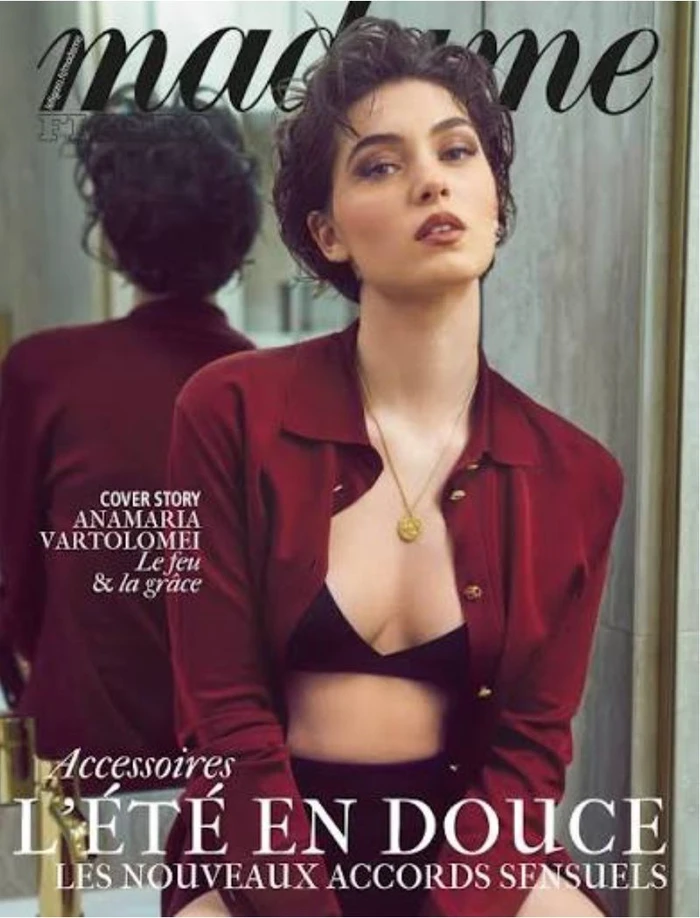 Anamaria Vartolomei wearing a burgundy shirt over black undergarments, photographed by Thiemo Sander for Madame Figaro COVERS.