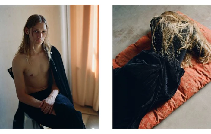 Diptyque photograph featuring a shirtless man seated on the left and a person lying face down on a red patterned cushion on the right