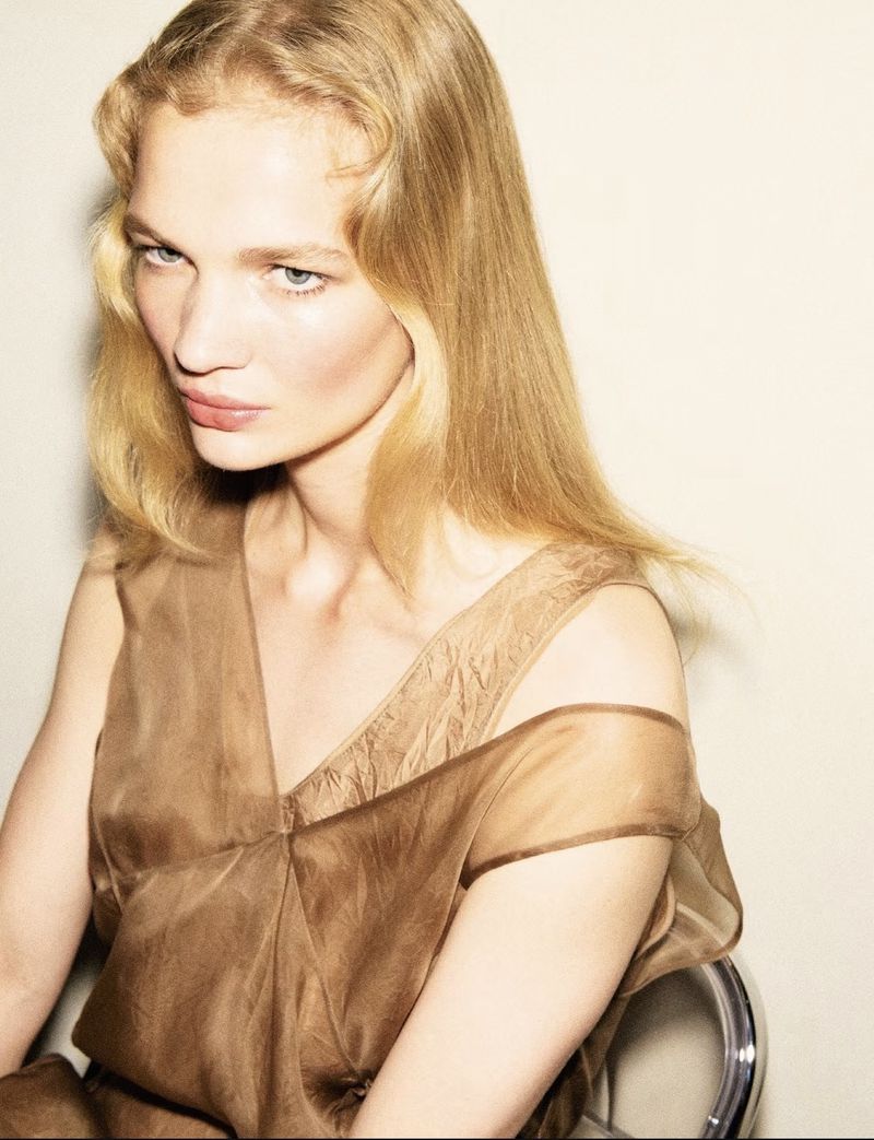 Model with long blonde hair wearing a sheer brown dress against a plain neutral background.