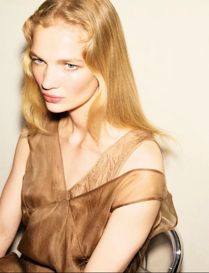 Model with long blonde hair wearing a sheer brown dress against a plain neutral background.