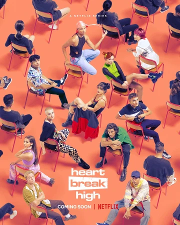 Promotional poster for Netflix's Heartbreak High reboot. Features a diverse group of teens seated on orange chairs against an orange backdrop.