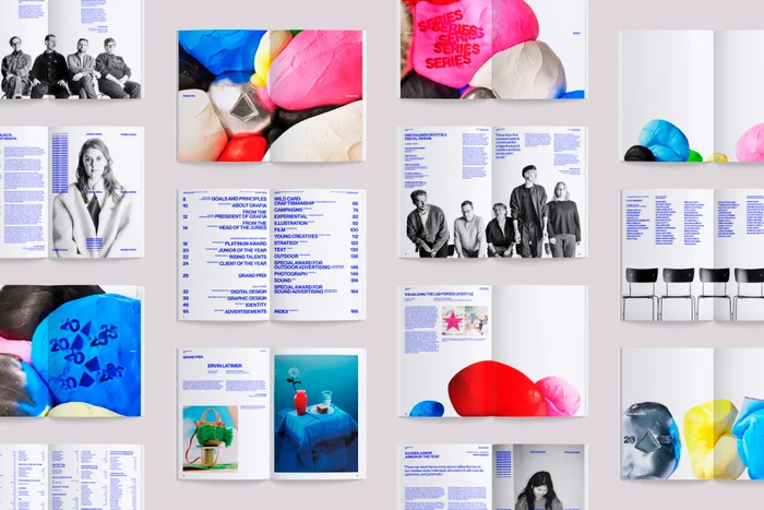 Multiple open magazine spreads displaying editorial layout design, typography, photography, and colourful sculptural abstract forms.