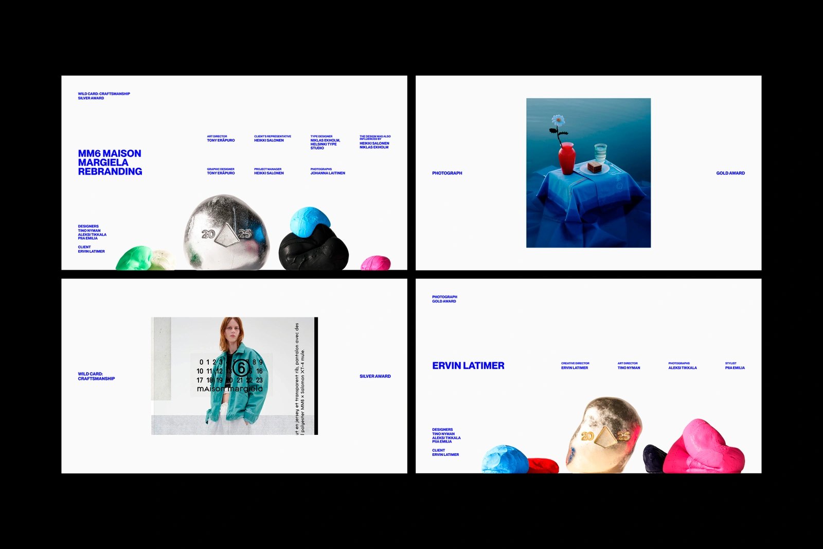 Four-panel grid layout showcasing brand identity design with typography, sculptural objects, and editorial photography on a white background.