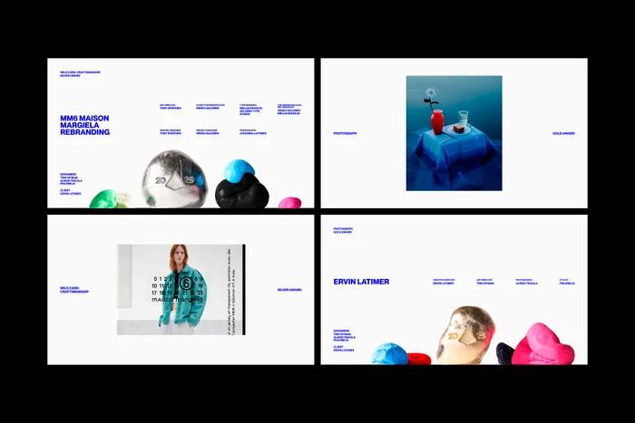 Four-panel grid layout showcasing brand identity design with typography, sculptural objects, and editorial photography on a white background.