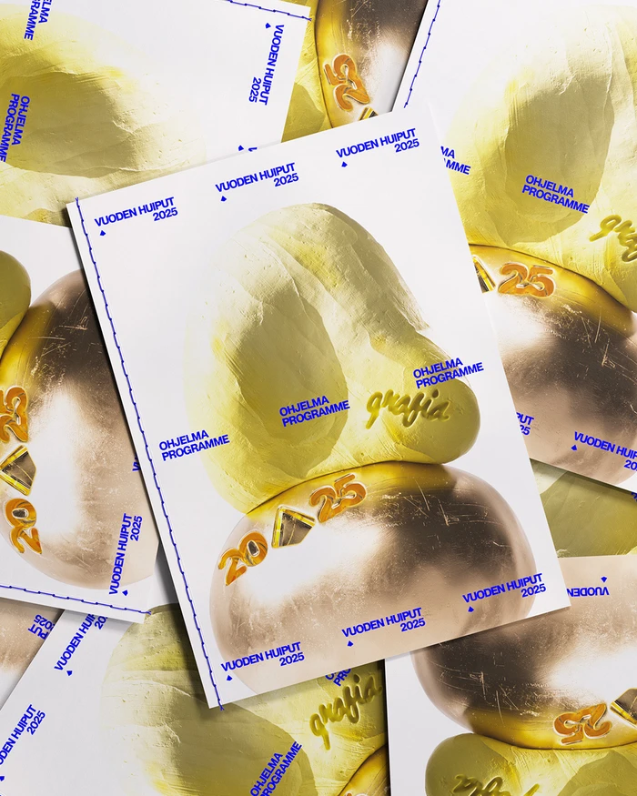 Overlapping promotional printed flyers featuring gold metallic sculptural elements and blue typography on white paper
