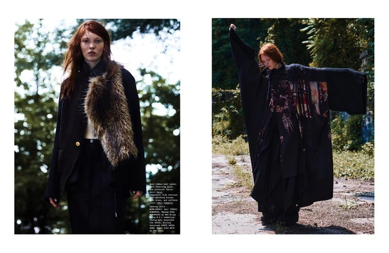Model Zuza Bryk in dark layered fashion editorial for Manifesto Magazine under open skies by Kotaro Kawashima