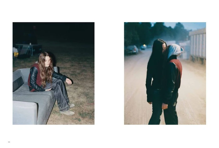 Two-panel fashion editorial layout by Senta Simond showing a woman seated on a sofa outdoors at dusk, and two people standing near a dirt road.