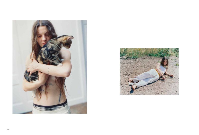 Editorial spread featuring a woman holding a tabby cat on the left and lying outdoors on the right.