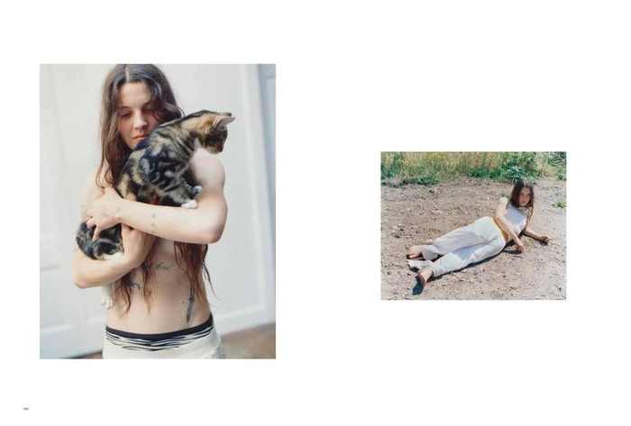 Editorial spread featuring a woman holding a tabby cat on the left and lying outdoors on the right.