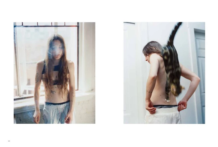 Two editorial panels featuring a woman with long hair posing indoors near a window and with a cat jumping past her back.