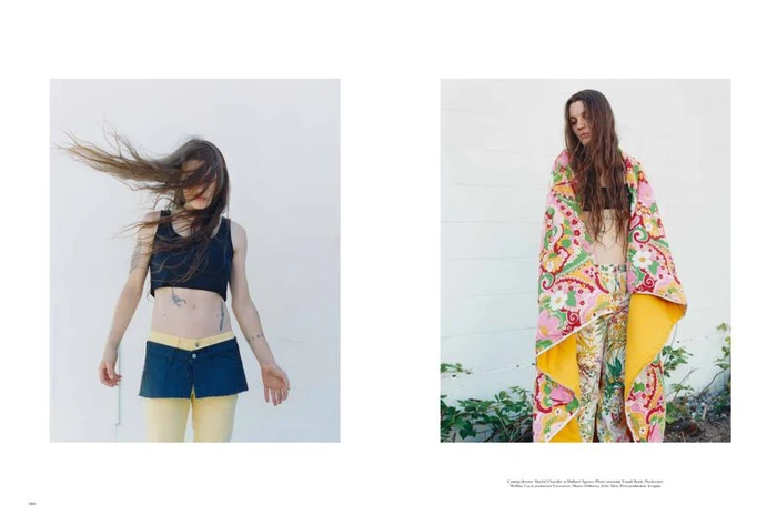 Two-panel fashion editorial featuring a model with long hair whipping across her face and wrapped in a colourful floral blanket.