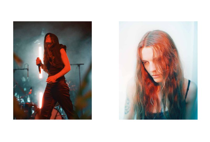 Two-panel image showing a singer with a hooded top on a moody stage and a close portrait of a long-haired woman.