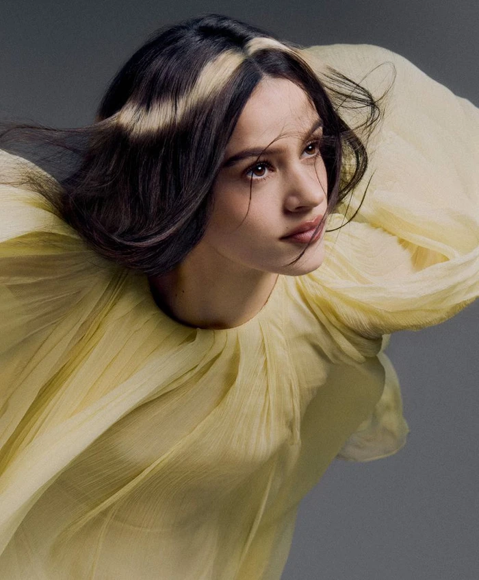 Rosalía wearing a yellow sheer dress with dynamic flowing fabric against a grey background