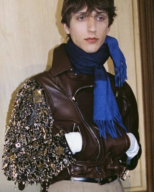 A young adult wearing a brown leather jacket with decorative embellishments on one sleeve and a blue scarf poses indoors.