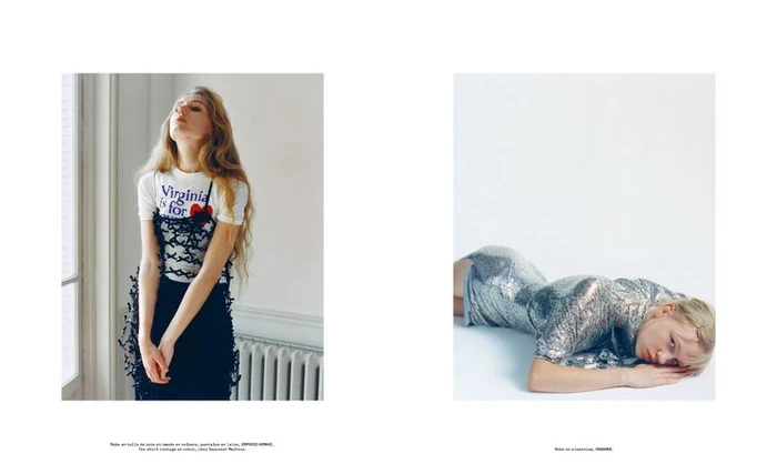 Two fashion layout panels showing models wearing layered dresses against interior and seamless white studio backgrounds
