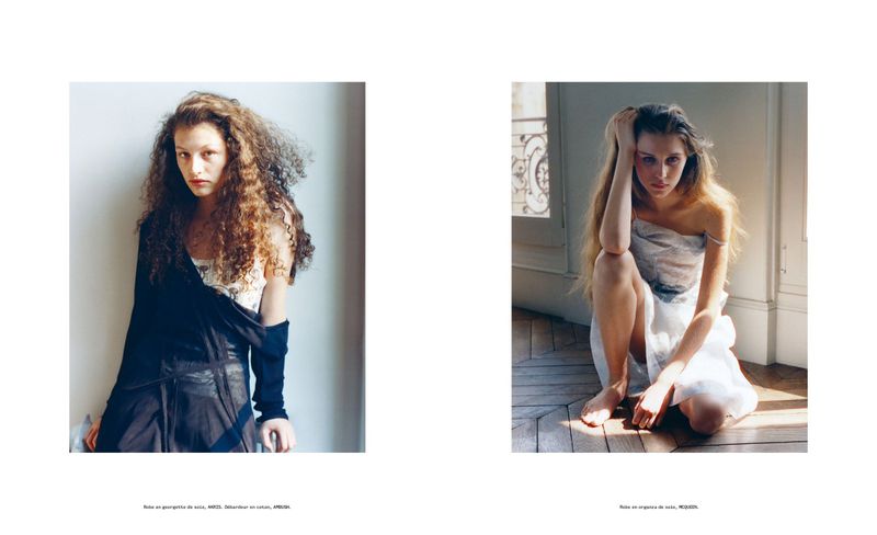 Two fashion portrait panels featuring models with long wavy hair posing against a light wall and wooden flooring