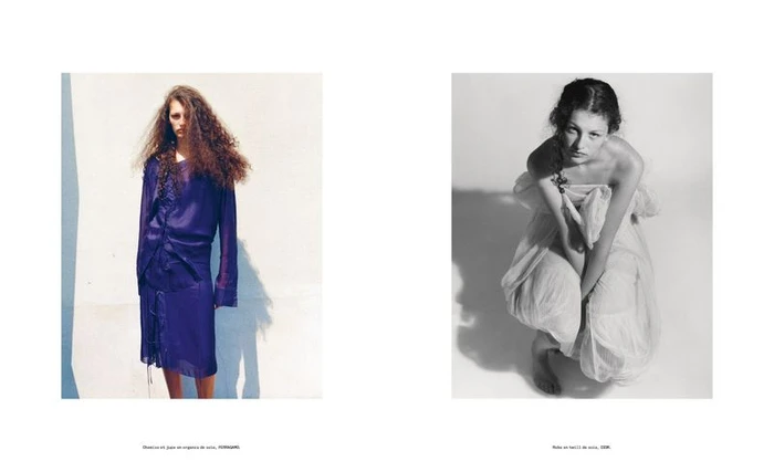 Two fashion editorial panels featuring models in silk garments against plain white backgrounds photographed by Senta Simond