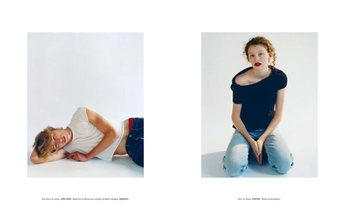 Two-panel fashion spread featuring a reclining man in a white t-shirt on the left and a seated woman in a dark off-the-shoulder top on the right