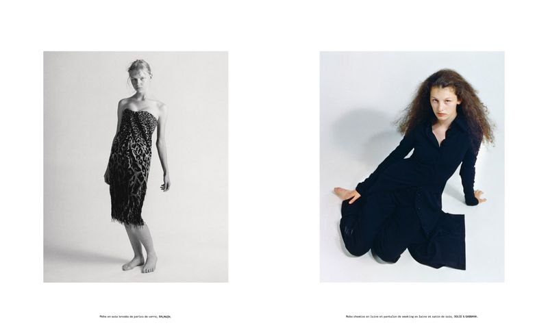 Two fashion portrait panels featuring models in designer clothing against a plain white studio background