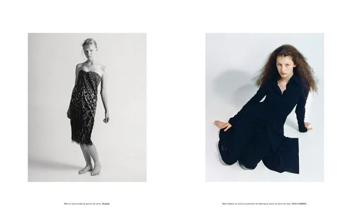 Two fashion portrait panels featuring models in designer clothing against a plain white studio background