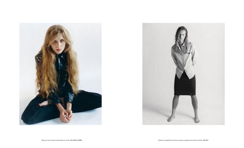 Double page fashion spread showing two models against a plain white background for M Le magazine du Monde