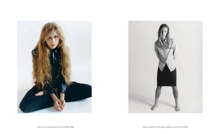 Double page fashion spread showing two models against a plain white background for M Le magazine du Monde
