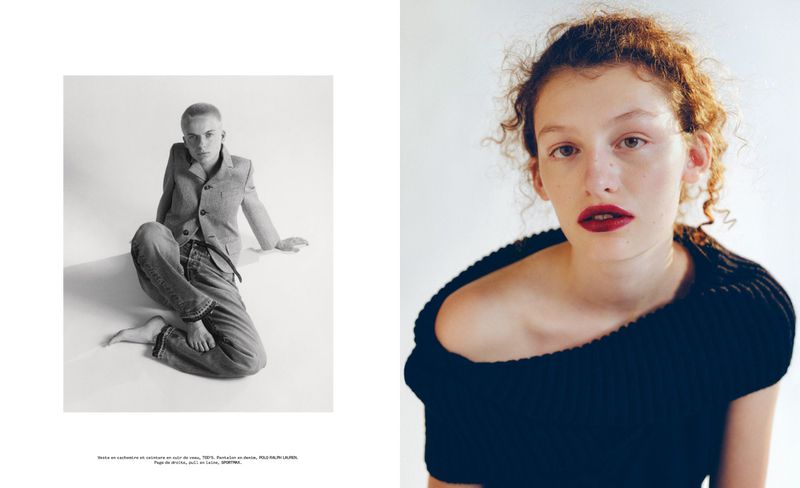 Editorial spread with two portraits: a person seated on a light studio floor and a close-up portrait of a woman with dark lipstick.