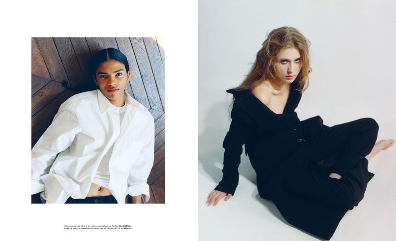 Two fashion editorial portraits featuring a man in a white shirt and a woman seated in a black coat against a white background.