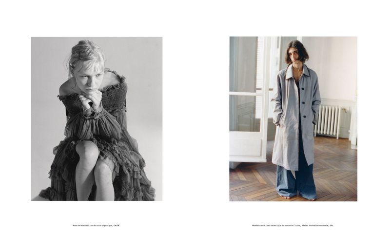 Double page fashion spread featuring a seated woman in a ruffled dark dress and a standing figure in a long coat