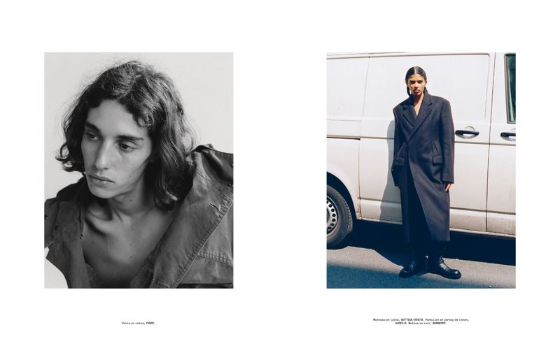 Two-page magazine spread showing a male portrait on the left and a full-length model beside a white van on the right.