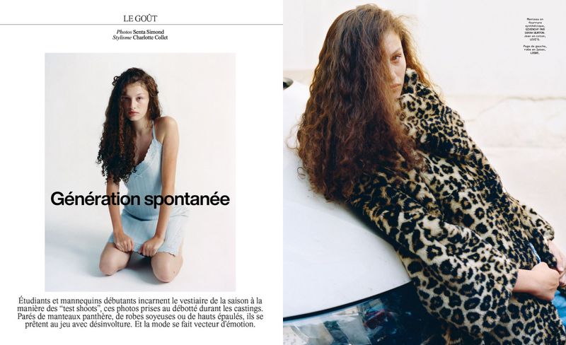 Double-page magazine spread showing a model in a light blue slip dress and a model wearing a leopard print faux fur coat