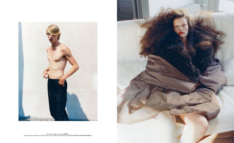 Editorial spread featuring a shirtless young man outdoors and a woman wrapped in a puffer coat on a white sofa
