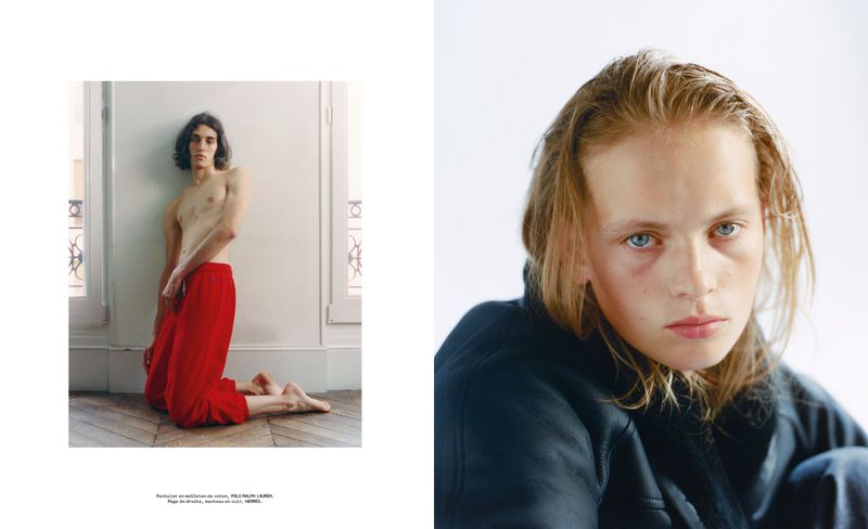 Two fashion editorial panels showing a person kneeling in red trousers and a close-up portrait of a model
