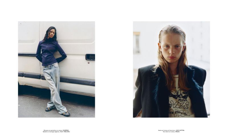 Two fashion editorial panels featuring models against van and bright backdrops for M Le magazine du Monde.
