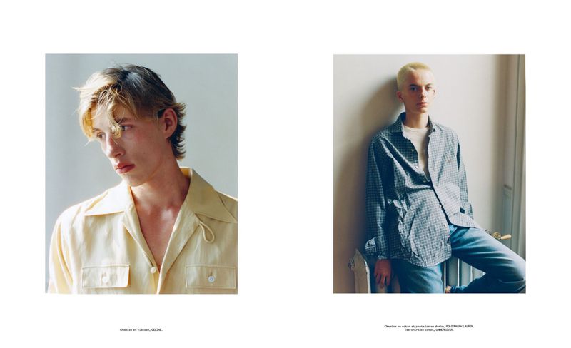 Two portraits of young male models in soft indoor lighting for M Le magazine du Monde editorial photography