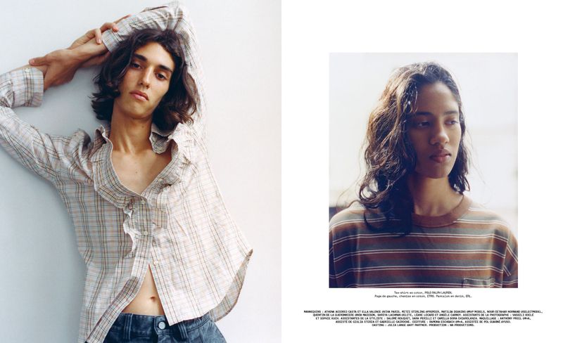 Two-panel fashion editorial featuring a male model in a patterned shirt and a portrait of a model in a striped t-shirt