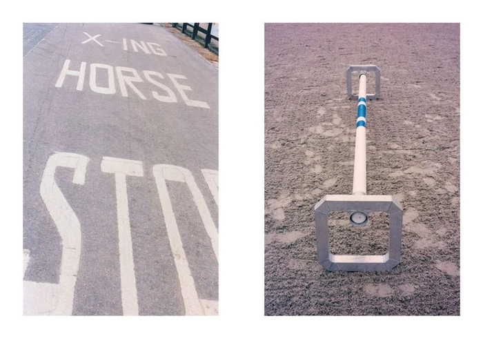 Two panel image showing a paved road with painted stop and horse crossing text, and an equestrian jump on sand.