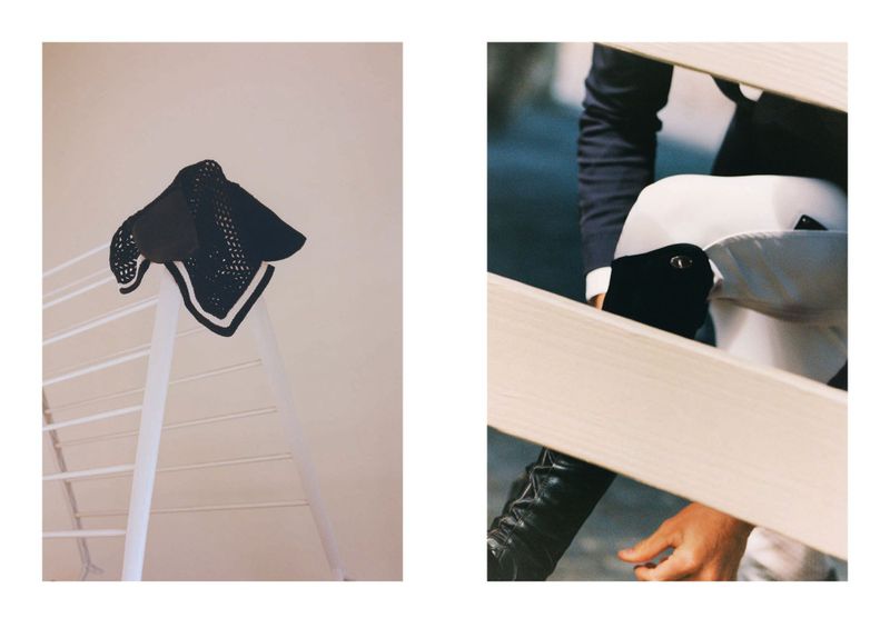 Diptych layout showing a dark knitted cap on a white drying rack and an equestrian adjusting white breeches and black boots.