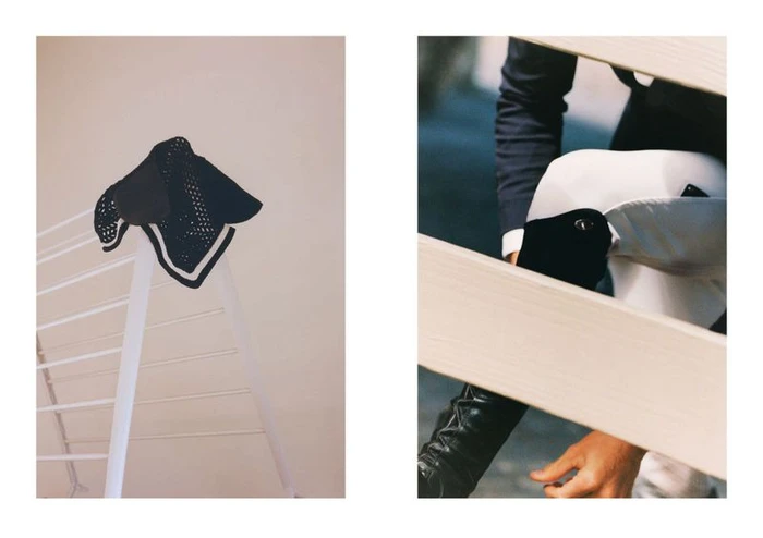 Diptych layout showing a dark knitted cap on a white drying rack and an equestrian adjusting white breeches and black boots.