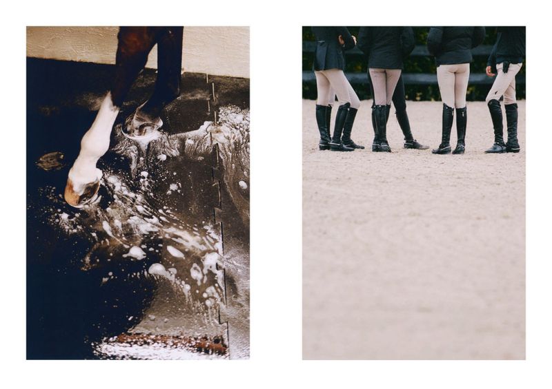 Diptych showing a horse leg being washed with soapy water on the left and four equestrians standing in an arena on the right.