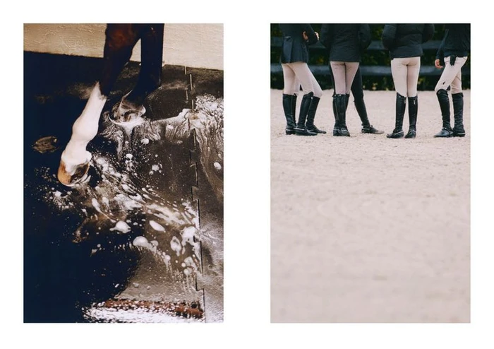 Diptych showing a horse leg being washed with soapy water on the left and four equestrians standing in an arena on the right.