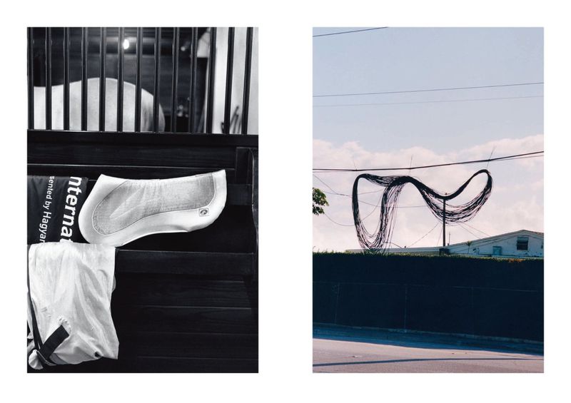 Two-panel photograph showing a white horse pad in a stable on the left and an abstract black sculptural wire installation on a street on the right.