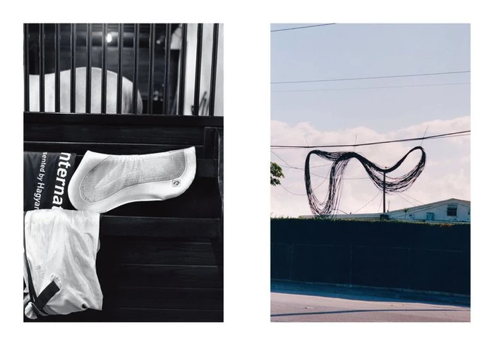 Two-panel photograph showing a white horse pad in a stable on the left and an abstract black sculptural wire installation on a street on the right.
