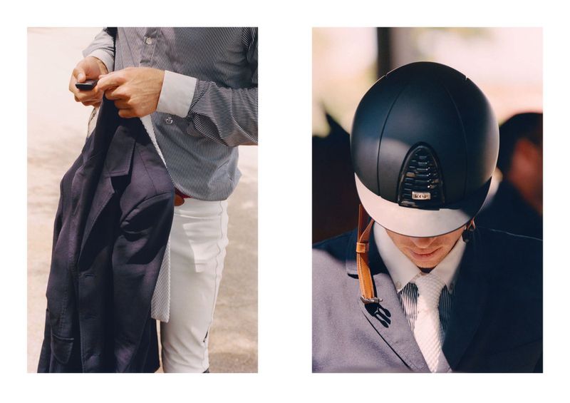Diptych of an equestrian rider holding a dark jacket and wearing a black riding helmet for Study Magazine Volume 15.