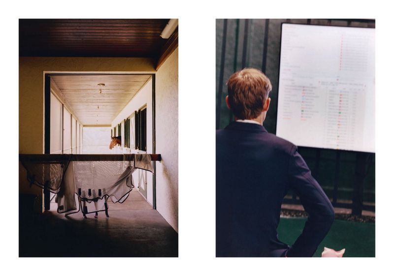 Two-panel photograph showing a horse stable corridor on the left and a man in a dark suit looking at a large screen on the right.